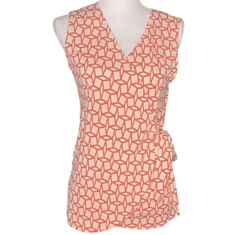 41 Hawthorne Med Orange White Faux Wrap Sleeveless Geometric Deep V Neck Shirt